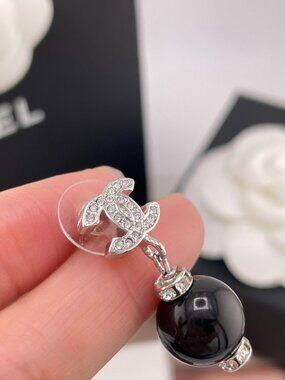 Chanel Silver CC Logo Crystal Black Bead Drop Dangle Earrings Authentic